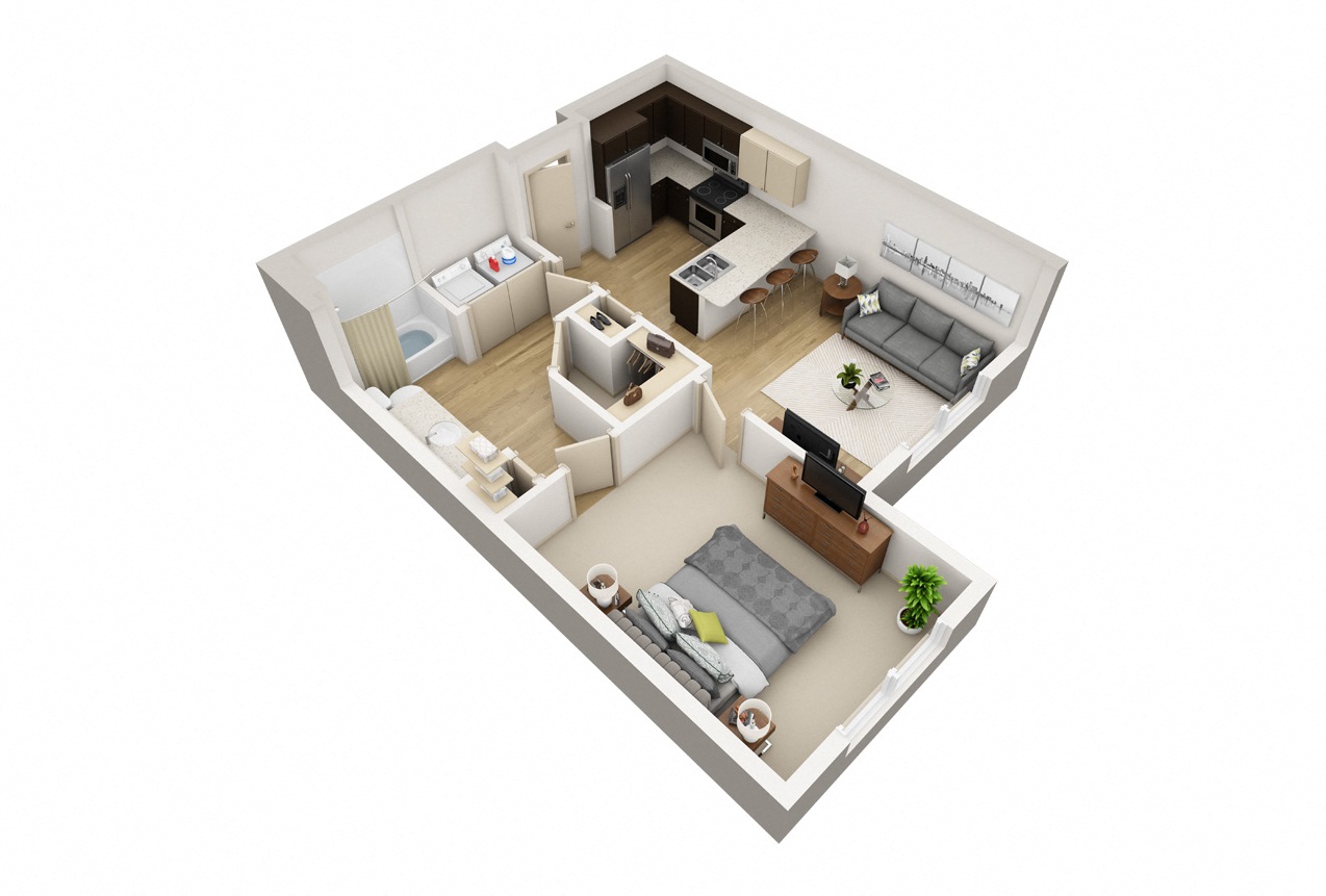 Floor plan for 1 bed, 1 bath, 715 sqft